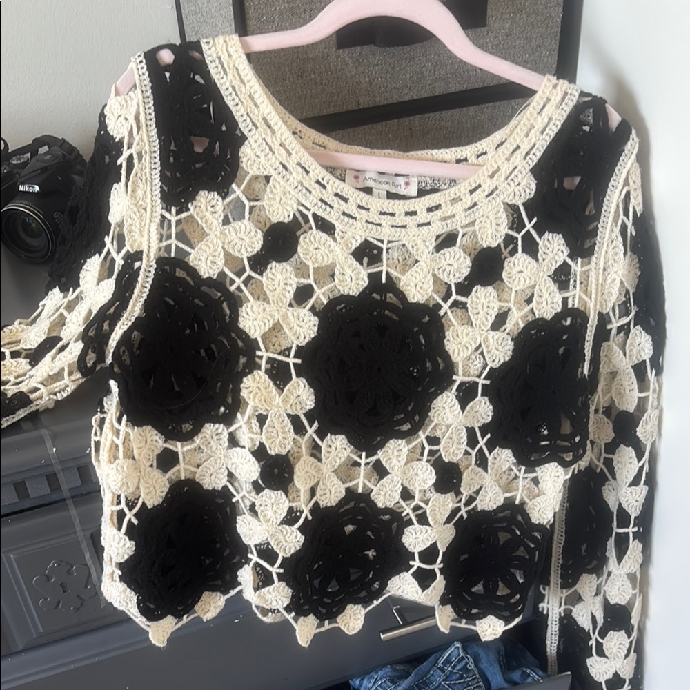 Black and Cream Crochet Sweater